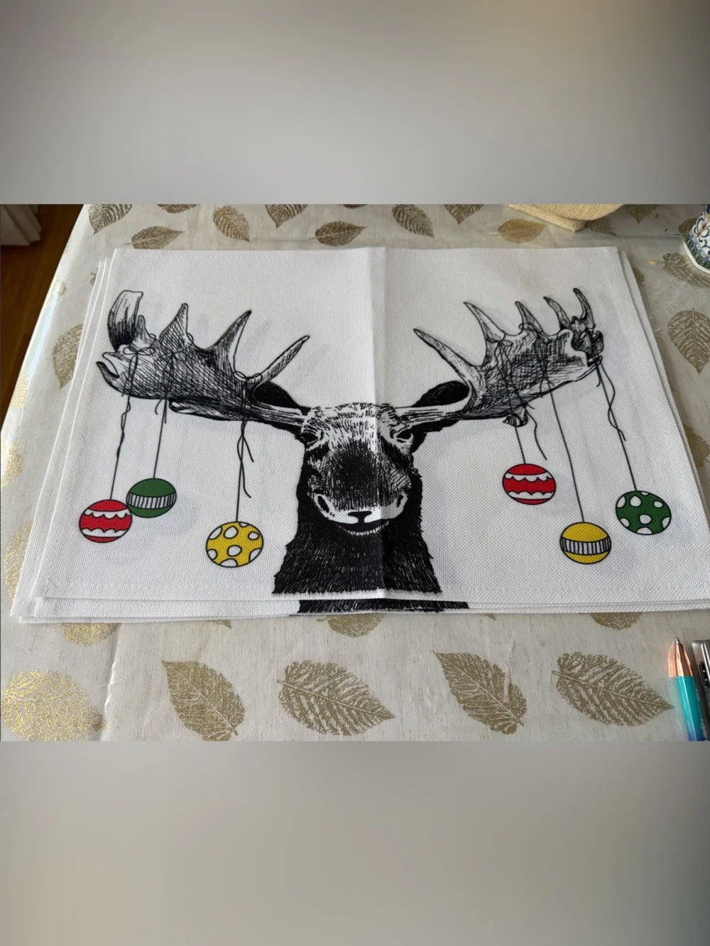 Moose Illustration placemats with Colorful Ornaments set of 4